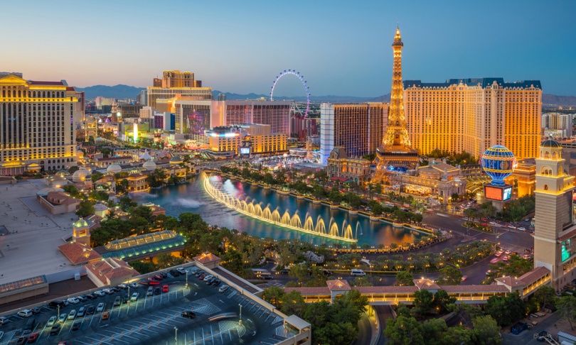 Aerial view of Las Vegas strip in Nevada as seen at night USA