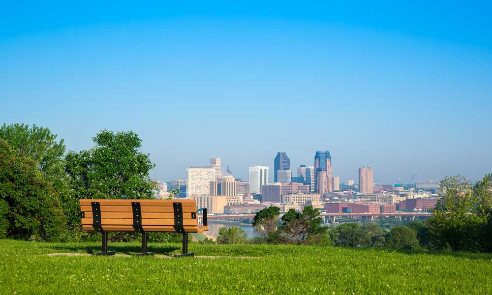 a park bench overlooking St. Paul