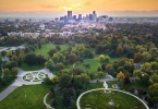 Sunset over Denver cityscape, aerial view from the city park