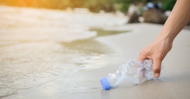 Hand woman picking up plastic bottle cleaning on the beach