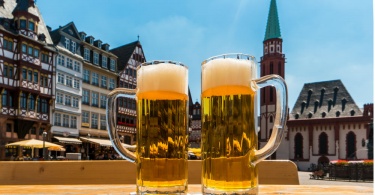 beer garden in frankfurt City, at the Romerberg square (Roman Mountain)