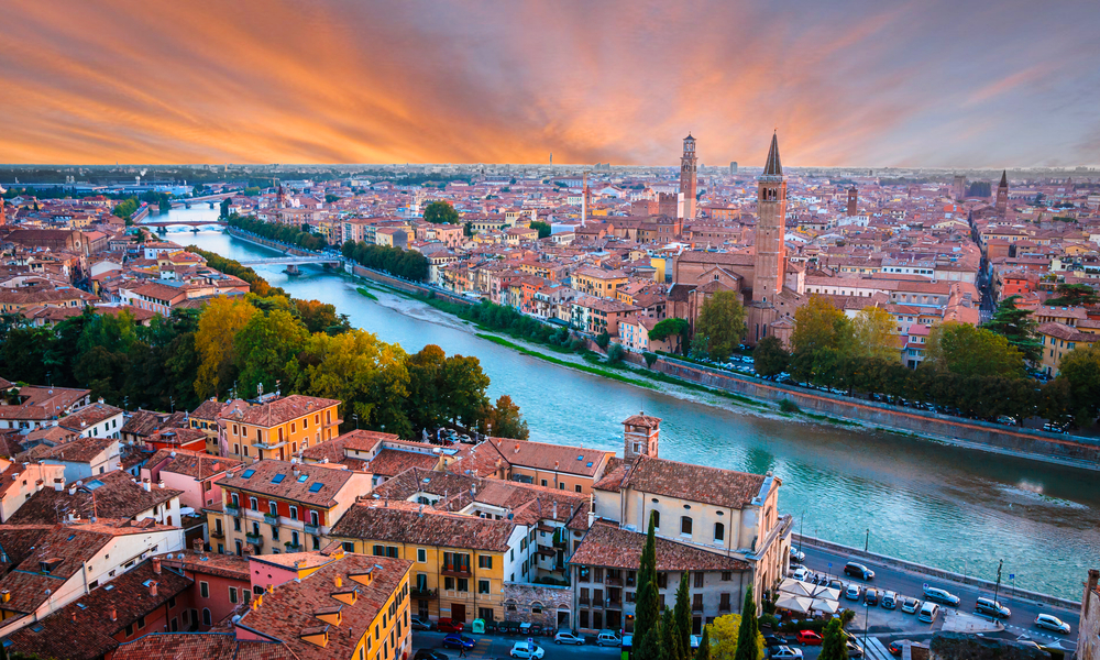 Beautiful sunset aerial view of Verona, Veneto region, Italy.