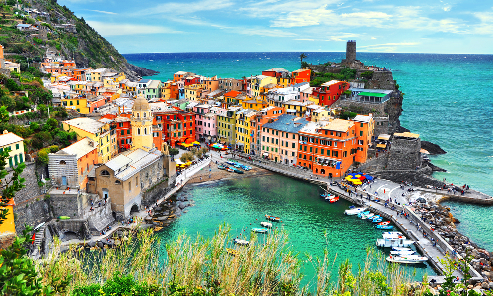 Beautiful view of Vernazza .Is one of five famous colorful villages of Cinque Terre National Park in Italy, suspended between sea and land on sheer cliffs. 