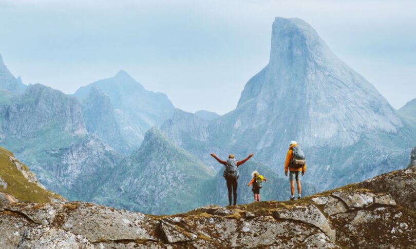 Family climbing mountain